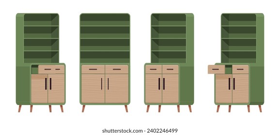 Cupboard green set, storage kitchen pantry, cabinet or buffet. Functional and attractive open shelf with drawer. Vector flat style cartoon home, office furniture objects isolated on white background