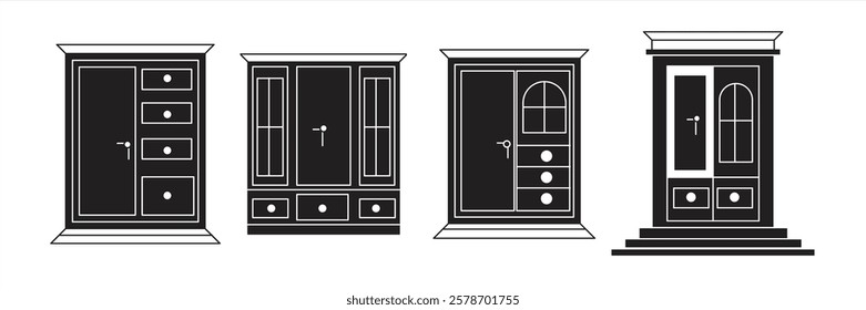 cupboard icon, closed wardrobe, in black and white, vector illustration.