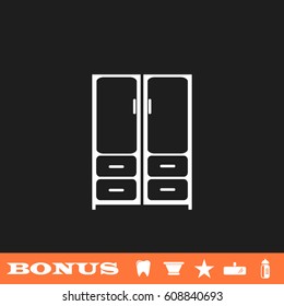 Cupboard icon flat. White pictogram on black background. Vector illustration symbol and bonus button tooth, vase, star, mirror, bottle
