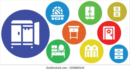 cupboard icon set. 9 filled cupboard icons.  Simple modern icons about  - Wardrobe, Dressing table, Dressing room, Nightstand, Filing cabinet, Cabinet