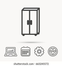 Cupboard icon. Wardrobe furniture sign. Notebook, Calendar and Cogwheel signs. Download arrow web icon. Vector