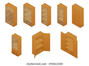 Cupboard isometric set of different brown rustic furniture. Vector illustration cabinet, vitrine or rack isolated on white.