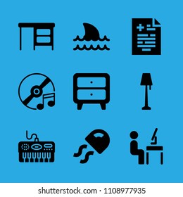cupboard, jellyfish, lamp, compact disc, workspace, desktop, medical result, piano and shark vector icon. Simple icons set