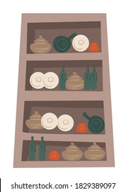 Cupboard with kitchenware, decorative wooden furniture with shelves and dinnerware. Cookware, bowls and cups, mugs and teapots set. Composition used as decor at home or cafe vector in flat style