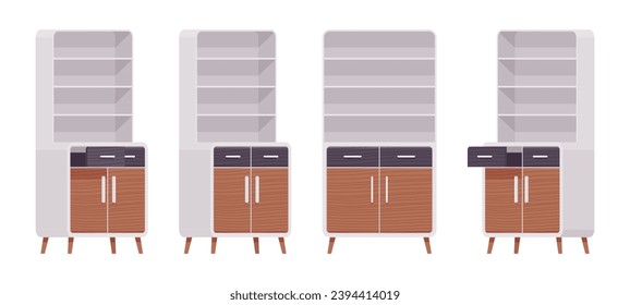 Cupboard light set, storage kitchen pantry, cabinet or buffet. Functional and attractive open shelf with drawer. Vector flat style cartoon home, office furniture objects isolated on white background