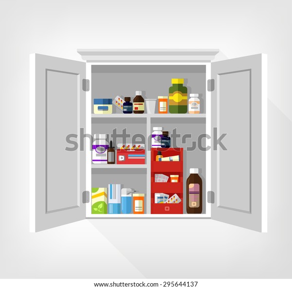 Cupboard with\
medicines. Vector flat\
illustration