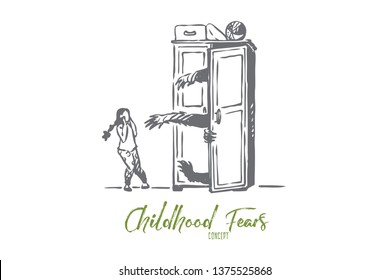 Cupboard, monster, child, fear, scary concept. Hand drawn little girl runs from monster in cupboard concept sketch. Isolated vector illustration.