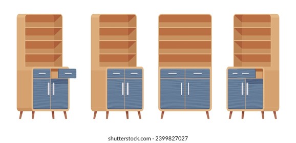 Cupboard nice set, storage kitchen pantry, cabinet or buffet. Functional and attractive open shelf with drawer. Vector flat style cartoon home, office furniture objects isolated on white background