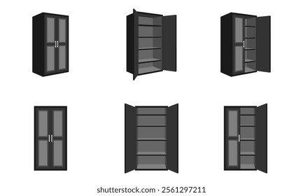 cupboard open and close, front view and side view set vector illustration isolated on white background.