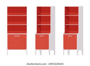 Cupboard red set, kitchen storage open shelf display cabinet organizer. Bedroom, bathroom, living room decor. Vector flat style cartoon home, office furniture objects isolated on white background
