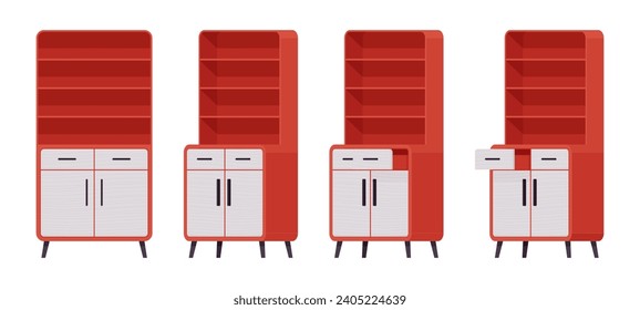 Cupboard red set, storage kitchen pantry, cabinet or buffet. Functional and attractive open shelf with drawer. Vector flat style cartoon home, office furniture objects isolated on white background