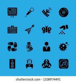 cupboard, seeds, music file, supportive hands, bacteria, sound system, microphone, electric guitar and butterfly vector icon. Simple icons set