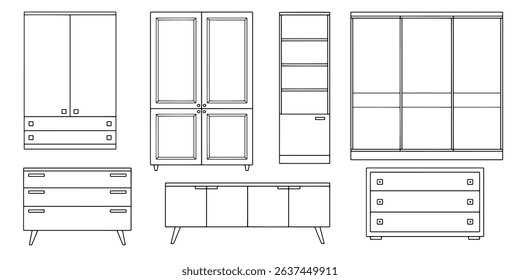 Cupboard set isolated graphic black white furniture sketch illustration vector