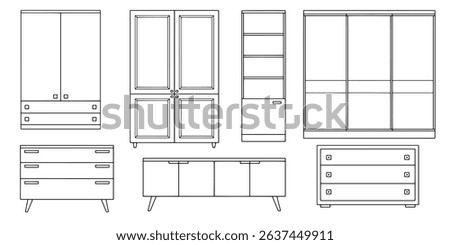 Cupboard set isolated graphic black white furniture sketch illustration vector