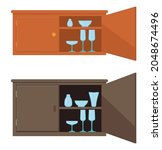Cupboard set vector illustration. Wardrobe with a slightly open door and dishes on the shelves