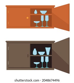 Cupboard set vector illustration. Wardrobe with a slightly open door and dishes on the shelves