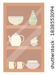 Cupboard with shelves and glass vector, isolated wooden furniture with tea kettle and bowls. Handmade items, cups and pots rustic style of design