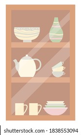 Cupboard with shelves and glass vector, isolated wooden furniture with tea kettle and bowls. Handmade items, cups and pots rustic style of design