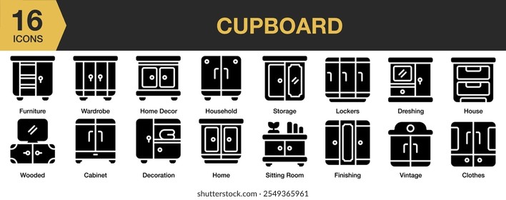 Cupboard solid icon set. Includes cupboard, lockers, storage, household, clothes, and More. Solid icons vector collection.