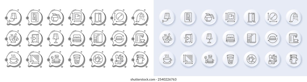 Cupboard, Table lamp and Circle area line icons. White pin 3d buttons, chat bubbles icons. Pack of Coffeepot, Mattress, Open door icon. Triangle area, Ice tea, Tea pictogram. Vector