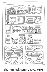 cupboard with tableware and sweet food for your coloring page