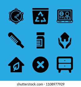 cupboard, thermometer, home insurance, recycle bin, eco house, medicine, cancel, laptop and tambourine vector icon. Simple icons set