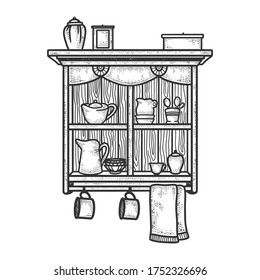 cupboard with utensils sketch engraving vector illustration. T-shirt apparel print design. Scratch board imitation. Black and white hand drawn image.