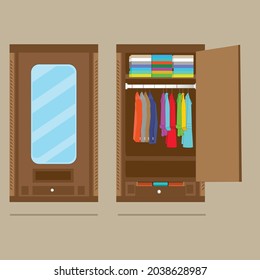 The cupboard vector with the traditional carved objects and natural colors. 2 point of views is open and close. It look inside and out. The neatly folded clothes and hanging