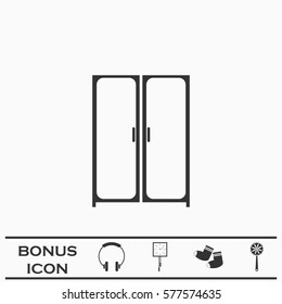 Cupboard wardrobe icon flat. Black pictogram on white background. Vector illustration symbol and bonus button