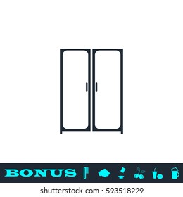 Cupboard wardrobe icon flat. Black pictogram on white background. Vector illustration symbol and bonus button
