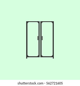 Cupboard wardrobe icon flat. Grey vector symbol on green background
