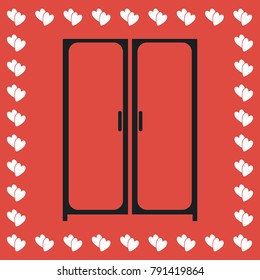 Cupboard wardrobe icon flat. Simple black pictogram on red background with white hearts for valentines day. Vector illustration symbol
