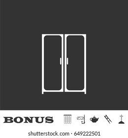 Cupboard wardrobe icon flat. White pictogram on black background. Vector illustration symbol and bonus icons