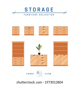 Cupboards and storage furniture. Set of wooden household modern closets for bedroom or living room isolated on a white background. Vector illustration in flat style.