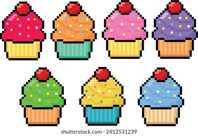 Cupcake in 8 bit pixel art. Cupcake pixel in vector.