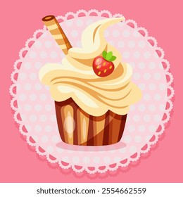 cupcake with air cream and strawberries on a pink background