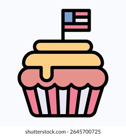 Cupcake With American Flag. Independence Day illustration. Fourth Of July Icon, Vector Style Lineal color Icon. 