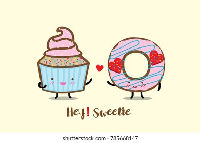 Cupcake ans Doughnut cartoon character cute design vector and illustration