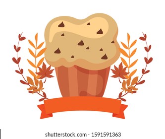 Cupcake and autumn leaves design, Muffin dessert sweet bakery sugar pastry and food theme Vector illustration