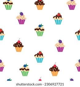 Cupcake background. Bright pattern of confetti and cupcakes decorated with cream, strawberry, hearts, mint, citrus, cherry, cookies and unicorn horn on white background. Vector 10 EPS