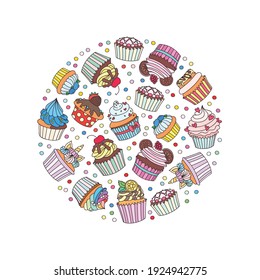 Cupcakes-Hintergrund. Zirkulärer Hintergrund von Konfetti und Cupcakes, die mit Sahne, Erdbeere, Herzen, Minze, Zitrusfrüchte, Kirschen, Kekse und Einhornhorn auf weißem Hintergrund verziert sind. Doodle-Illustration. 