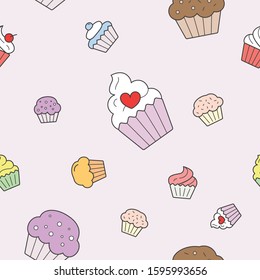 Cupcake background - Vector color seamless pattern of sweet, dessert, muffin, cake and snack for graphic design
