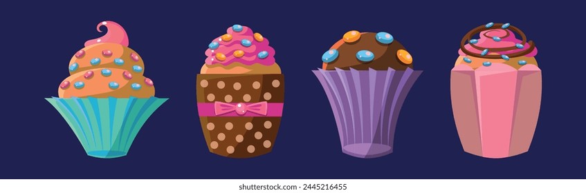 Cupcake Baked Sweet Dessert with Cream and Topping Vector Set
