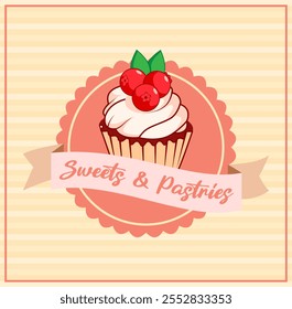 Cupcake. Bakery. Desserts. Logo for pastry bakery, pastry shop, desserts. Bakery design on striped beige background, vector illustration