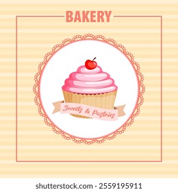 Cupcake. Bakery. Desserts. Logo for a pastry shop, confectionery store, desserts. Bakery design on a beige striped background. Vector illustration