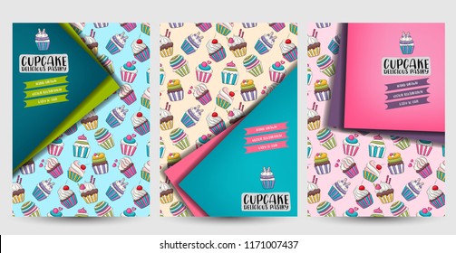 Cupcake bakery flyer or posters set. Background for advertisement, menu, brochure template. Vector illustration.