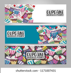 Cupcake bakery horizontal banner set. Cute template for menu, advertisement, web page. Vector illustration.