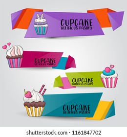 Cupcake bakery horizontal label banner set. Cute template for menu, advertisement, web page. Vector illustration.