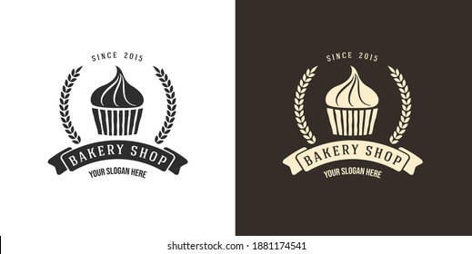 Cupcake bakery shop simple label, badge, emblem, logo template. Graphic food art with engraved cupcake design vector element with typography. Organic pastry logotype on and white black background