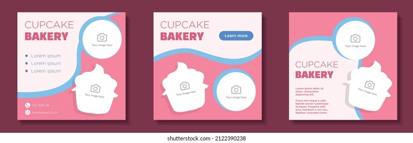 Cupcake Bakery Social Media Post, Square Banner Set, Sweet Delicious Muffin  Advertisement Concept, Cake Pastry Marketing Ad, Modern Flyer, Isolated On Background.